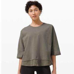 Lululemon Live to Layer Shirt Grey Sage Plus Size 16 Cotton Casual 3/4 Sleeve